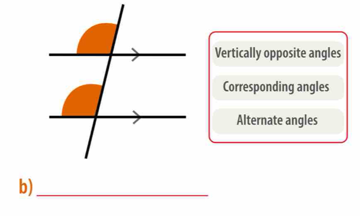 Vertically opposite angles
Corresponding angles
Alternate angles
b)_