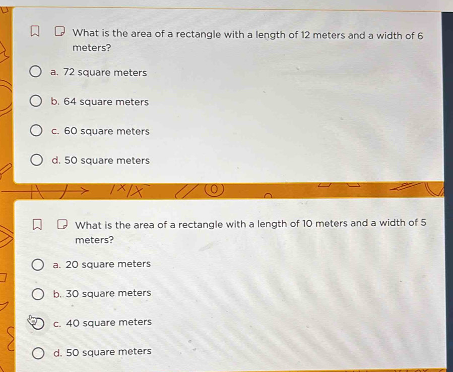 Solved: What is the area of a rectangle with a length of 12 meters and ...