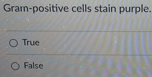 Gram-positive cells stain purple.
True
False