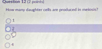 How many daughter cells are produced in meiosis?
1
2
4