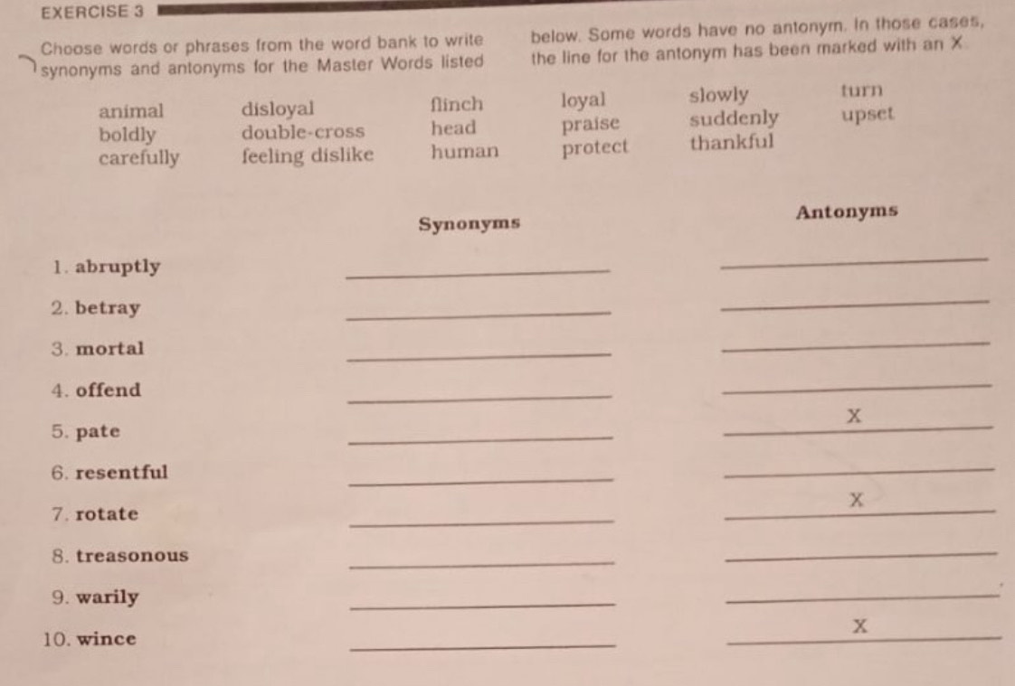 below. Some words have no antonyr. In those cases,
Choose words or phrases from the word bank to write the line for the antonym has been marked with an X
synonyms and antonyms for the Master Words listed
animal disloyal flinch loyal slowly turn
boldly double-cross head praise suddenly upset
carefully feeling dislike human protect thankful
Antonyms
Synonyms
1. abruptly
_
_
2. betray
_
_
3. mortal
_
_
4. offend
_
_
_
_
x
5. pate
6. resentful
_
_
_
x
7. rotate
_
_
_
_
8. treasonous
_
_
9. warily
_
_
_
x
10. wince
_