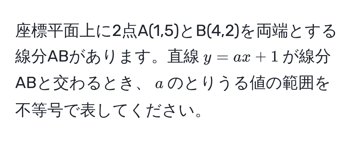 座標平面上に2点A(1,5)とB(4,2)を両端とする線分ABがあります。直線$y=ax+1$が線分ABと交わるとき、$a$のとりうる値の範囲を不等号で表してください。