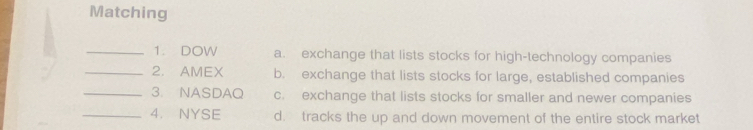 Matching
_1. DOW a. exchange that lists stocks for high-technology companies
_2. AMEX b. exchange that lists stocks for large, established companies
_3. NASDAQ c. exchange that lists stocks for smaller and newer companies
_4. NYSE d. tracks the up and down movement of the entire stock market