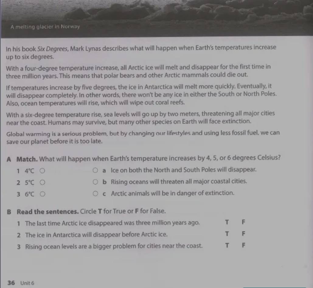 A melting glacier in Norway
In his book Six Degrees, Mark Lynas describes what will happen when Earth's temperatures increase
up to six degrees.
With a four-degree temperature increase, all Arctic ice will melt and disappear for the first time in
three million years. This means that polar bears and other Arctic mammals could die out.
If temperatures increase by five degrees, the ice in Antarctica will melt more quickly. Eventually, it
will disappear completely. In other words, there won't be any ice in either the South or North Poles.
Also, ocean temperatures will rise, which will wipe out coral reefs.
With a six-degree temperature rise, sea levels will go up by two meters, threatening all major cities
near the coast. Humans may survive, but many other species on Earth will face extinction.
Global warming is a serious problem, but by changing our lifestyles and using less fossil fuel, we can
save our planet before it is too late.
A Match. What will happen when Earth's temperature increases by 4, 5, or 6 degrees Celsius?
1 4°C a Ice on both the North and South Poles will disappear.
2 5°C b Rising oceans will threaten all major coastal cities.
3 6°C c Arctic animals will be in danger of extinction.
B Read the sentences. Circle T for True or F for False.
1 The last time Arctic ice disappeared was three million years ago. T F
2 The ice in Antarctica will disappear before Arctic ice. T F
3 Rising ocean levels are a bigger problem for cities near the coast. T F
36 Unit 6