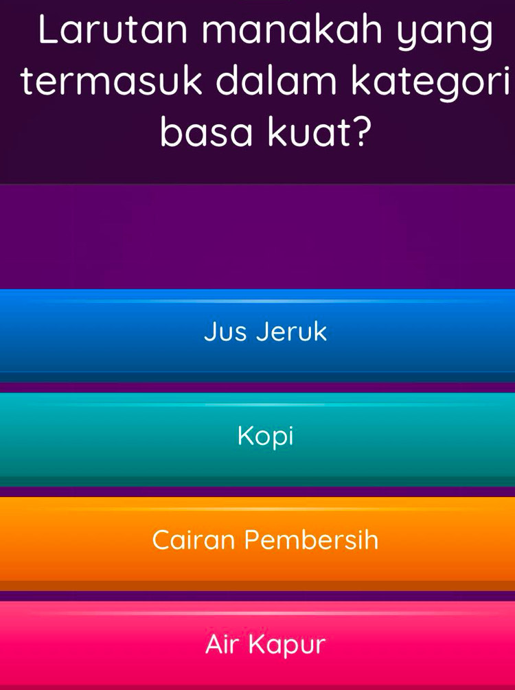 Larutan manakah yang
termasuk dalam kategori
basa kuat?
Jus Jeruk
Kopi
Cairan Pembersih
Air Kapur