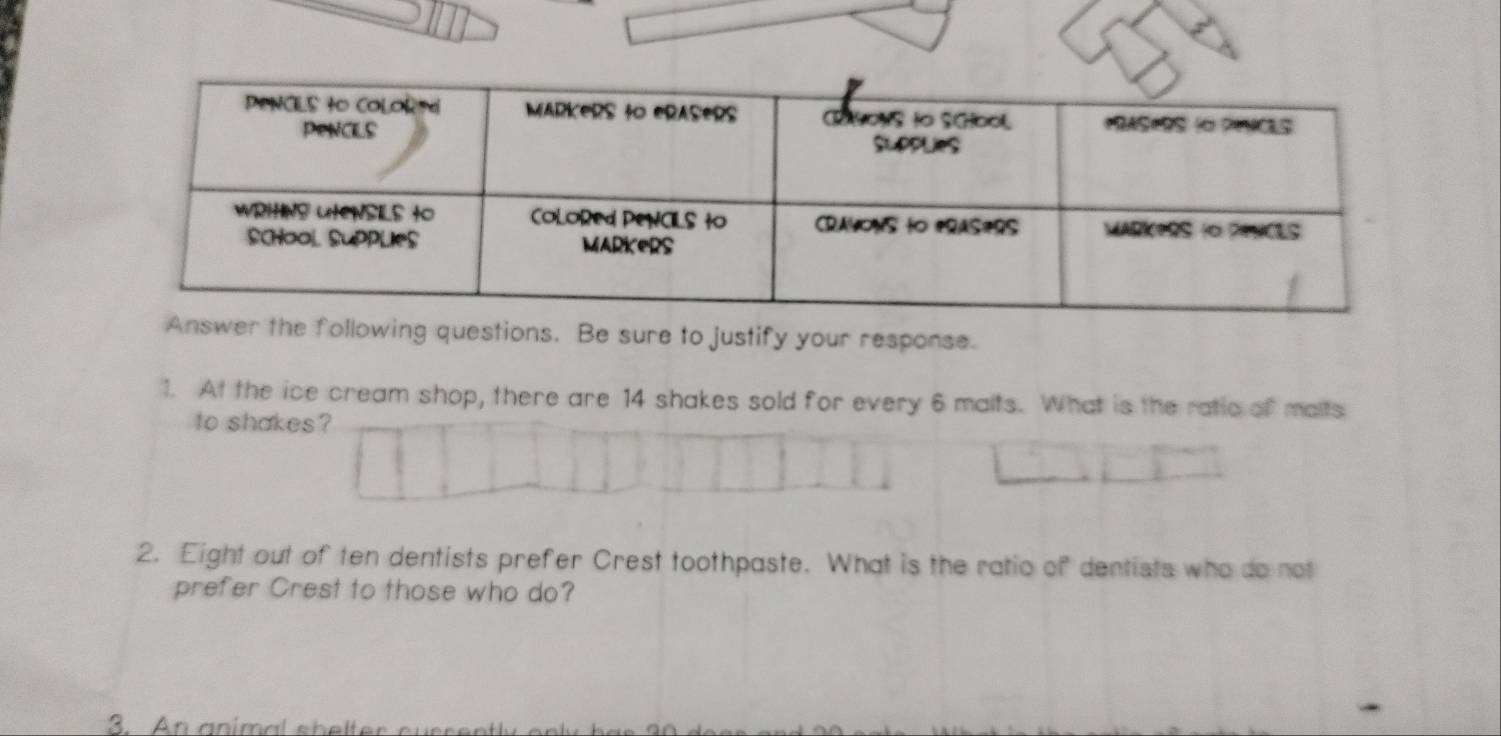 following questions. Be sure to justify your response. 
1. At the ice cream shop, there are 14 shakes sold for every 6 malts. What is the ratic of malts 
to shakes? 
2. Eight out of ten dentists prefer Crest toothpaste. What is the ratio of dentists who do not 
prefer Crest to those who do?