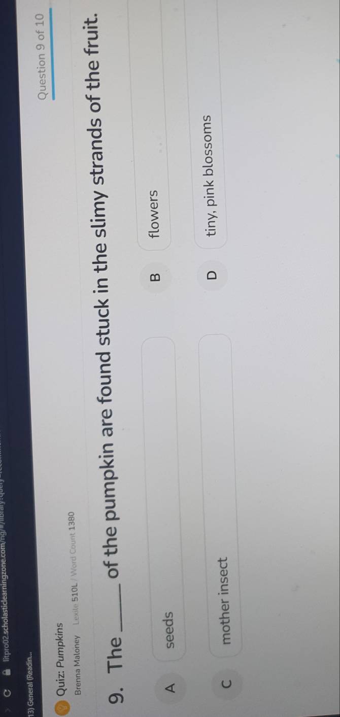 General (Readin...
Quiz: Pumpkins Question 9 of 10
Brenna Maloney Lexile 510L / Word Count 1380
9. The _of the pumpkin are found stuck in the slimy strands of the fruit.
B flowers
A seeds
C mother insect D tiny, pink blossoms