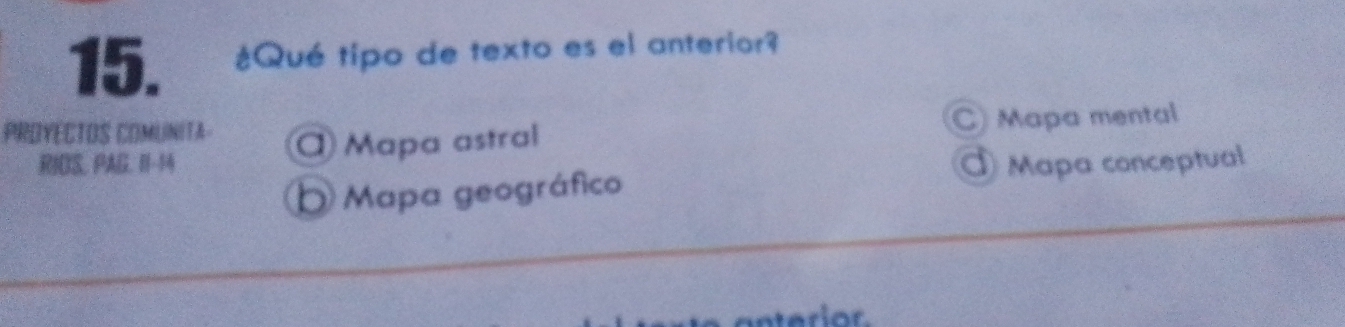 ¿Qué tipo de texto es el anterior?
PROYECTOS COMUNITA Mapa astral C) Mapa mental
RIDS. PAG. I1-14 Mapa conceptual
D Mapa geográfico