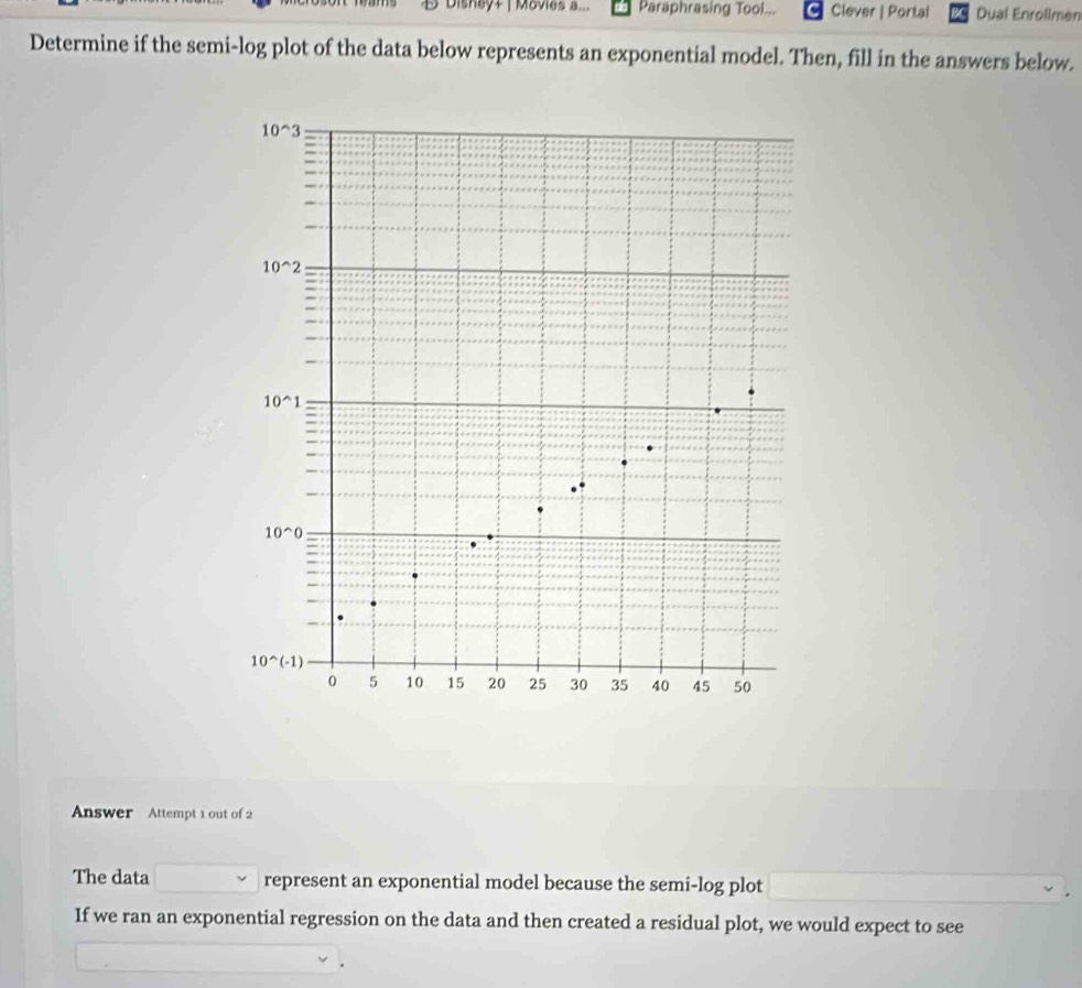 Dishey+ | Movies a... Paraphrasing Tool... Clever | Portal Dual Enrollmen
Determine if the semi-log plot of the data below represents an exponential model. Then, fill in the answers below.
Answer Attempt 1 out of 2
The data represent an exponential model because the semi-log plot
If we ran an exponential regression on the data and then created a residual plot, we would expect to see