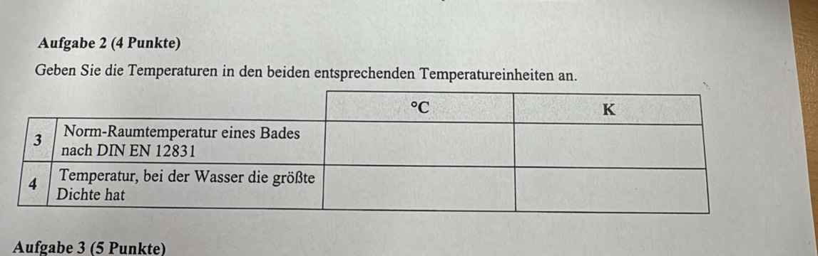 Aufgabe 2 (4 Punkte)
Geben Sie die Temperaturen in den beiden entsprechenden Temperatureinheiten an.
Aufgabe 3 (5 Punkte)