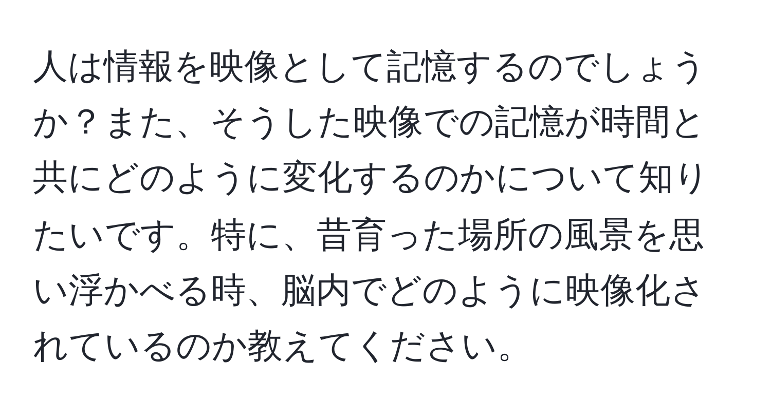 人は情報を映像として記憶するのでしょうか？また、そうした映像での記憶が時間と共にどのように変化するのかについて知りたいです。特に、昔育った場所の風景を思い浮かべる時、脳内でどのように映像化されているのか教えてください。