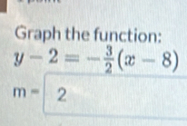 Graph the function:
y-2=- 3/2 (x-8)
m=2