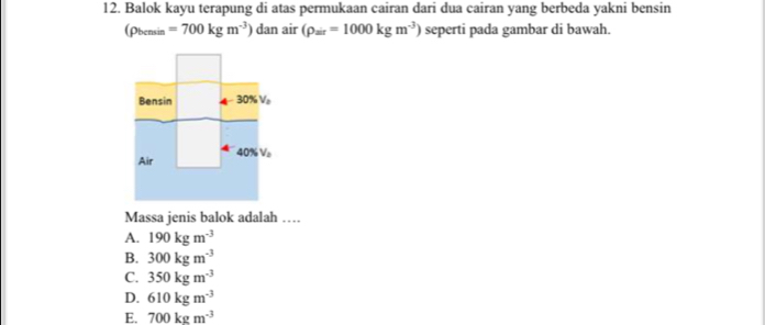 Balok kayu terapung di atas permukaan cairan dari dua cairan yang berbeda yakni bensin
(rho _1 bensin =700kgm^(-3)) dan air (rho _air=1000kgm^(-3)) seperti pada gambar di bawah.
Bensin 30% V_0
Air 40% V_2
Massa jenis balok adalah …
A. 190kgm^(-3)
B. 300kgm^(-3)
C. 350kgm^(-3)
D. 610kgm^(-3)
E. 700kgm^(-3)