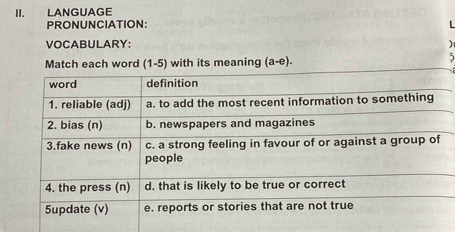 LANGUAGE 
PRONUNCIATION: L 
VOCABULARY: ) 
Match each word (1-5) with its meaning (a-e). 
j