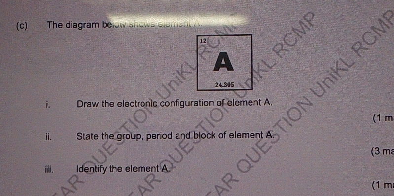 The diagram below shows slement A. 
i. Draw the electronic configuration of element A. 
(1 m 
ⅱ. State the group, period and block of element A
(3 ma 
ⅲ. Identify the element A
(1 m