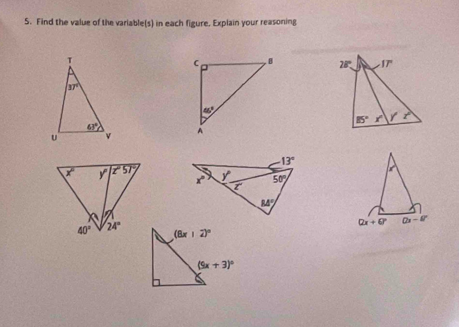 Find the value of the variable(s) in each figure, Explain your reasoning