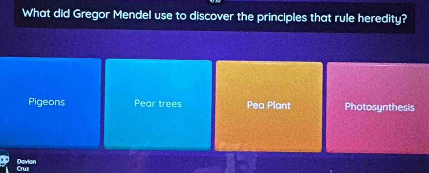 What did Gregor Mendel use to discover the principles that rule heredity?
Pigeons Pear trees Pea Plant Photosynthesis
Davian
Cruz