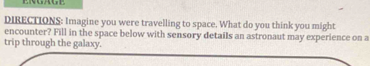 ENGAGE 
DIRECTIONS: Imagine you were travelling to space. What do you think you might 
encounter? Fill in the space below with sensory details an astronaut may experience on a 
trip through the galaxy.