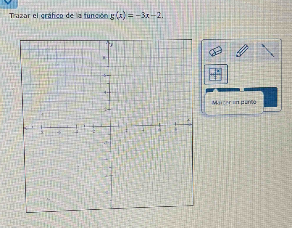 Trazar el gráfico de la función g(x)=-3x-2.
+beginarrayr +x +1 hline endarray endarray
Marcar un punto