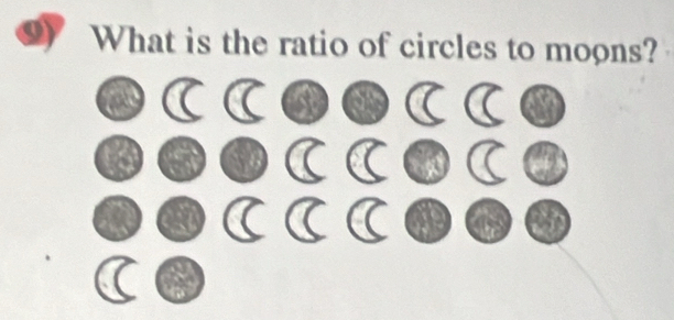 What is the ratio of circles to moons? 
② ててO O てて0 
6 ●CCOC④ 
● ③CCC0●③ 

(●