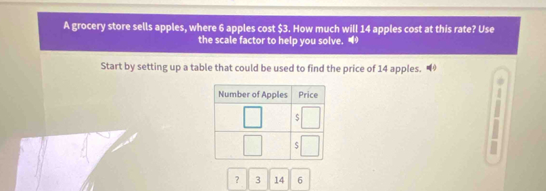 A grocery store sells apples, where 6 apples cost $3. How much will 14 apples cost at this rate? Use 
the scale factor to help you solve. " 
Start by setting up a table that could be used to find the price of 14 apples. 
？ 3 14 6