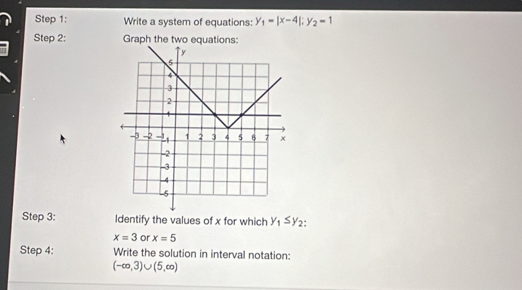 Write a system of equations: y_1=|x-4|; y_2=1
Step 2: Graph the two equations: 
Step 3: Identify the values of x for which y_1≤ y_2.
x=3 or x=5
Step 4: Write the solution in interval notation:
(-∈fty ,3)∪ (5,∈fty )