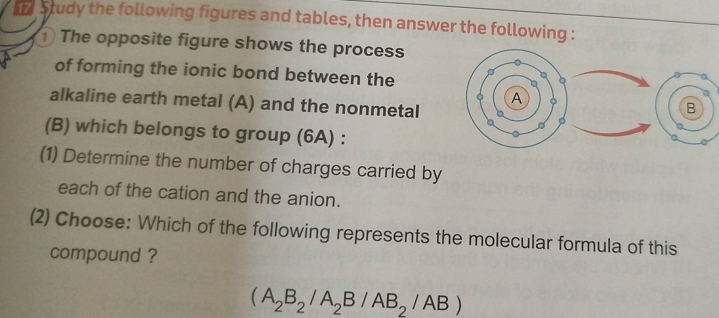 Study the following figures and tables, then answer the following : 
The opposite figure shows the process 
of forming the ionic bond between the 
alkaline earth metal (A) and the nonmetal 
(B) which belongs to group (6A) : 
(1) Determine the number of charges carried by 
each of the cation and the anion. 
(2) Choose: Which of the following represents the molecular formula of this 
compound ?
(A_2B_2/A_2B/AB_2/AB)