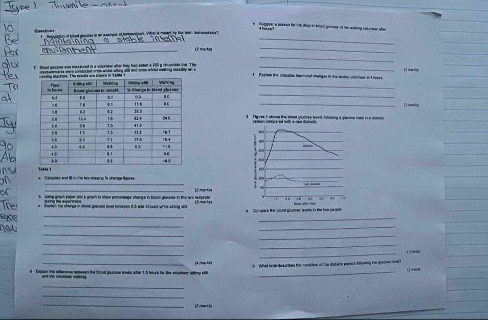 Suggest a reason for the drop in blood glucose of the walking volunteer after 
Questions
4 hours? 
_ 
f Regulation of blood glucose is an example of homeostasis. What is meant by the term homeostasis? 
_ 
_ 
(2 marks) 
_ 
_ 
2 Blood glucose was measured in a volunteer after they had eaten a 200 g chocolate bar. The_ 
measurements were conducted once whilst sitting sil and once whilst walking steadily on a 
(3 merks) 
f Explain the probable hormonal changes in the seeted volunteer at 4 hours
_ 
_ 
_(2 marka) 
3 Figure 1 shows the blood glucose levels following a glucose meal in a diabelic 
person compared with a-non diabetic
350
7
300 250
dumboon
200
150
e Calculala and Bl in the two missing % change figures 100
_ 
_(2 marks) s0 
b Using graph paper plof a graph to show percentage change in blood glucose in the two subjects 20 10
10
during the experment . 
c Explain the change in blood glucose level between 0.5 and 3 hours while sitting still. hours after mee 4 0 5 0 60 70
_ 
a Compare the blood glucose levels in the two people 
_ 
_ 
_ 
_ 
_ 
_ 
_ 
_ 
_(4mana) 
(4 marks) 
d Explain the difference bellween the blood glucose levels after 1.5 hours for the volunteer sitting still b What term describes the condition of the diabetic person following the glucose meal? 
(1 marg 
and the voluntser walking . 
_ 
_ 
_ 
(2 marka)