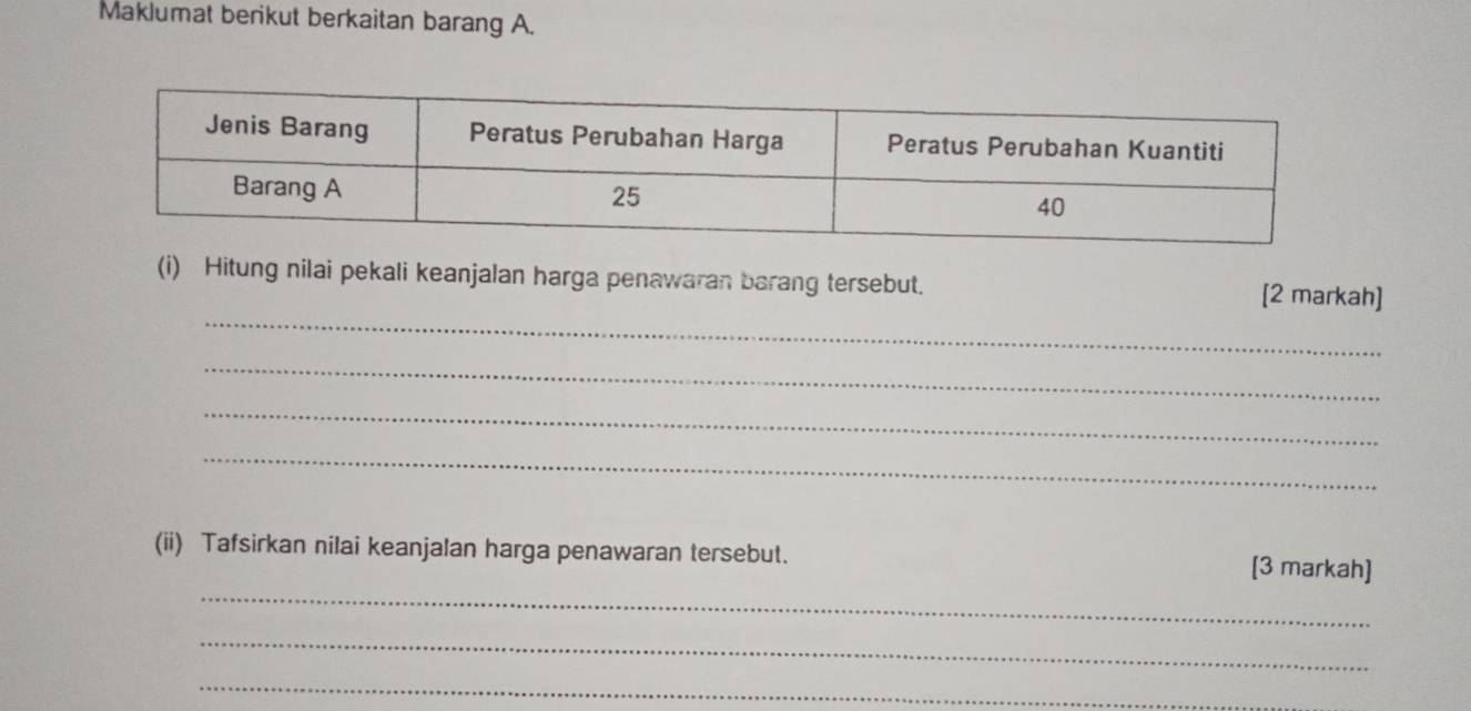 Maklumat berikut berkaitan barang A. 
_ 
(i) Hitung nilai pekali keanjalan harga penawaran barang tersebut. [2 markah] 
_ 
_ 
_ 
_ 
(ii) Tafsirkan nilai keanjalan harga penawaran tersebut. [3 markah] 
_ 
_