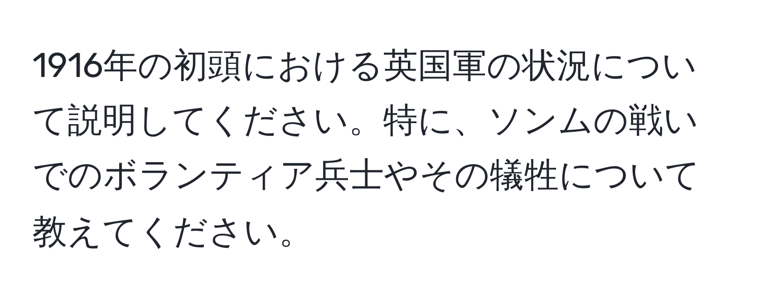 1916年の初頭における英国軍の状況について説明してください。特に、ソンムの戦いでのボランティア兵士やその犠牲について教えてください。