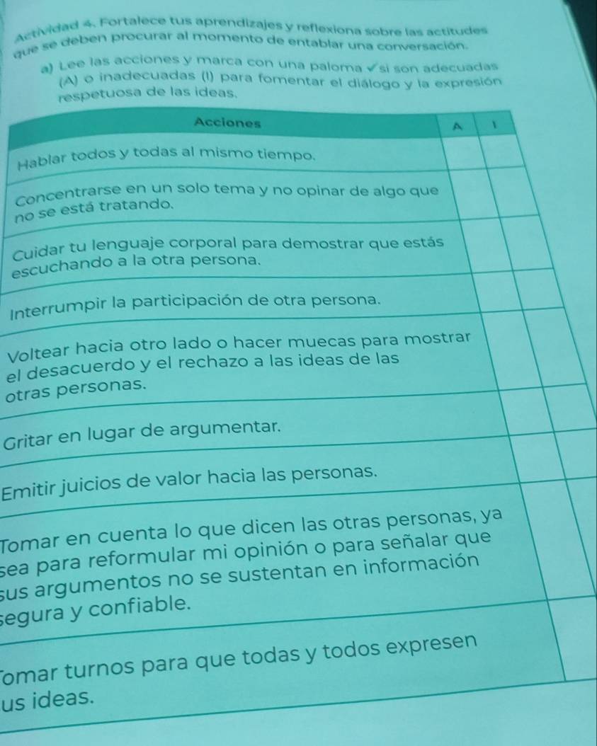 Actividad 4. Fortalece tus aprendizajes y reflexiona sobre las actitudes 
que se deben procurar al momento de entablar una conversación. 
a) Lee las acciones y marca con una paloma√si son adecuadas 
(A) o inadecuadas (l) para fomentar el diálogo y la expresión 
Ha 
Co 
no 
Cu 
esc 
Int 
Vol 
el d 
otr 
Grit 
Emi 
Tom 
sea 
sus 
segu 
Tom 
us i