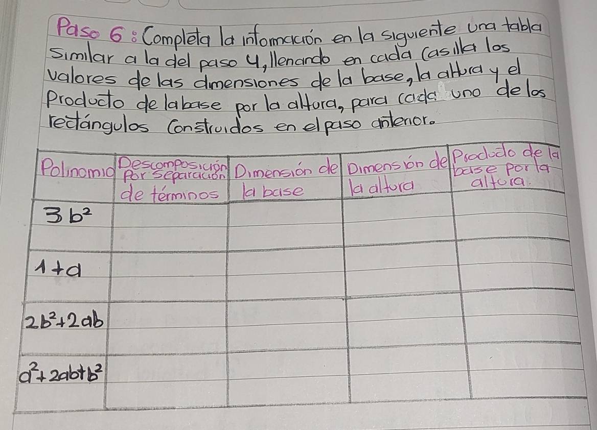 Paso 6: Completa Ia infomaruon en la siquente una tablea
simlar a ladel paso 4, llenando en cada (asila los
valores de las dmensiones de la base, Ia abbrayel
Producto delabase por la alfora, para cade uno delos
rectangulos Construd enelpaso dntenor.