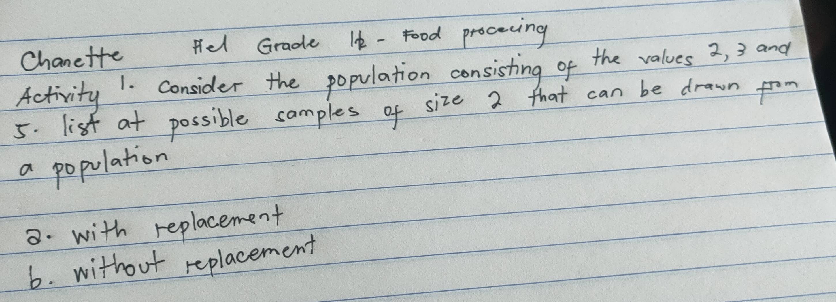 Chanette fel Grade Ik - food procecing 
Activity 1. consider the population consisting of the values 2, 3 and 
5. list at possible samples of size 2 that can be drawn from 
a population 
8. with replacement 
6. without replacement