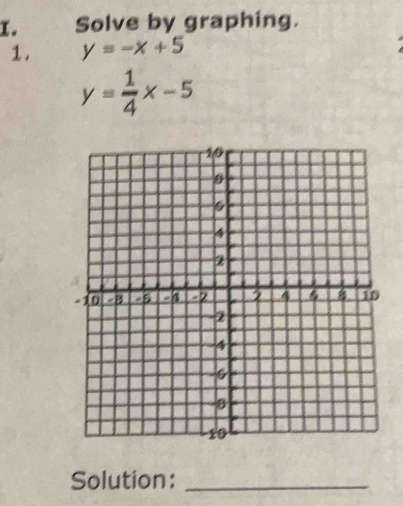 Solve by graphing.
1. y=-x+5
y= 1/4 x-5
Solution:_