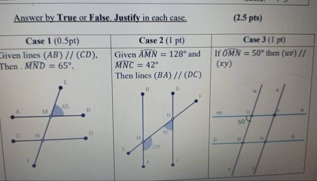 Answer by True or False. Justify in each case. (2.5 pts)
Case 1 (0.5pt) Case 2 (1 pt) Case 3 (1 pt)
Given lines (AB)//(CD), Given widehat AMN=128° and If widehat OMN=50° then (uv) //
Then . widehat MND=65°, widehat MNC=42° (xy)
Then lines (BA)//(DC)