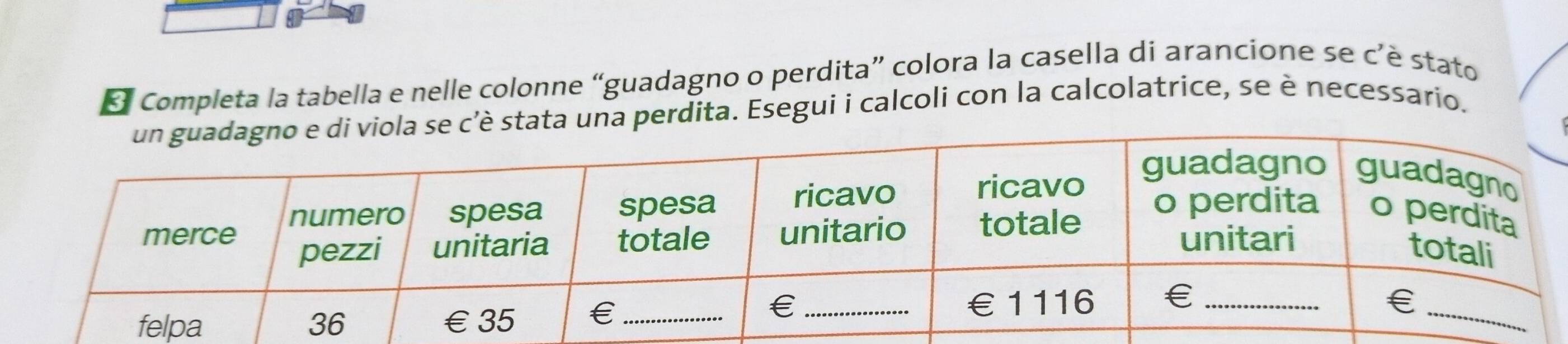 Completa la tabella e nelle colonne “guadagno o perdita” colora la casella di arancione se c'è stato 
na perdita. Esegui i calcoli con la calcolatrice, se è necessario.