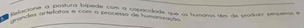 Relaciane a postura bípede com a capacidade que os humanos têm de produzir pequenos e 
grandes artefatos e com o processo de humanização.