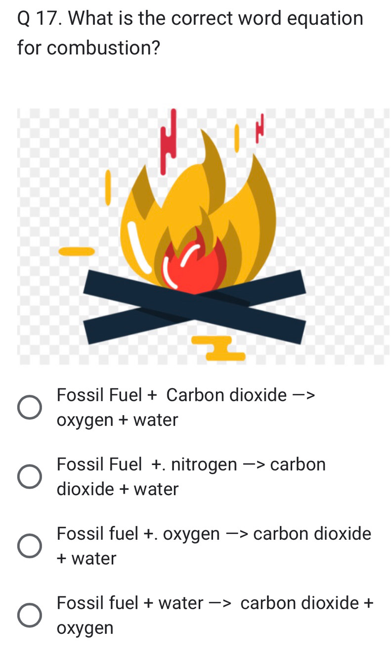 What is the correct word equation
for combustion?
Fossil Fuel + Carbon dioxide
oxygen + water
Fossil Fuel +. nitrogen —> carbon
dioxide + water
Fossil fuel +. oxygen —> carbon dioxide
+ water
Fossil fuel + water - carbon dioxide +
oxygen