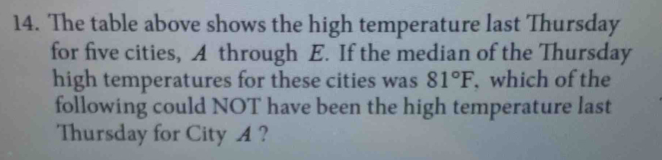 The table above shows the high temperature last Thursday 
for five cities, A through E. If the median of the Thursday 
high temperatures for these cities was 81°F which of the 
following could NOT have been the high temperature last 
Thursday for City A ?