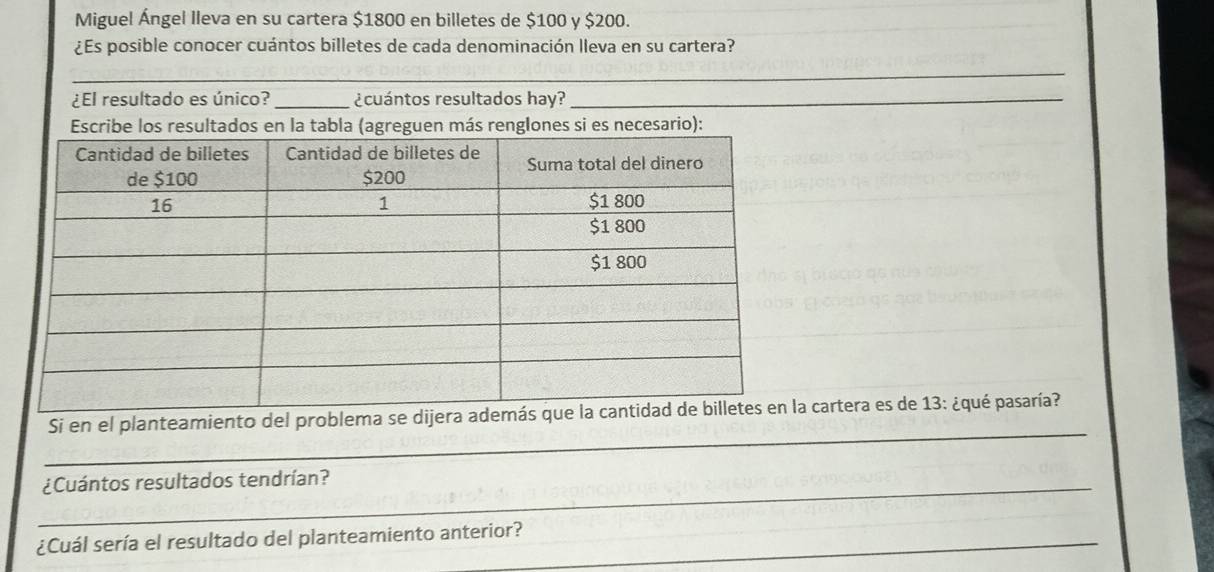 Miguel Ángel Ileva en su cartera $1800 en billetes de $100 y $200. 
¿Es posible conocer cuántos billetes de cada denominación lleva en su cartera? 
_ 
_ 
_ 
¿El resultado es único? _¿cuántos resultados hay?_ 
necesario): 
_ 
Si en el planteamiento del problema se dijera cartera es de 13 : ¿qué pasaría? 
_¿Cuántos resultados tendrían? 
¿Cuál sería el resultado del planteamiento anterior?