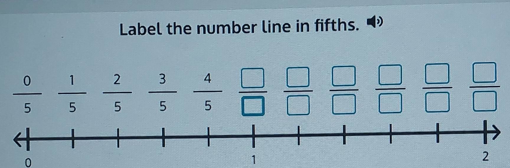 Label the number line in fifths. )
 0/5  1/5  2/5  3/5  4/5   □ /□   □ /□   □ /□   □ /□   □ /□   =frac 
0