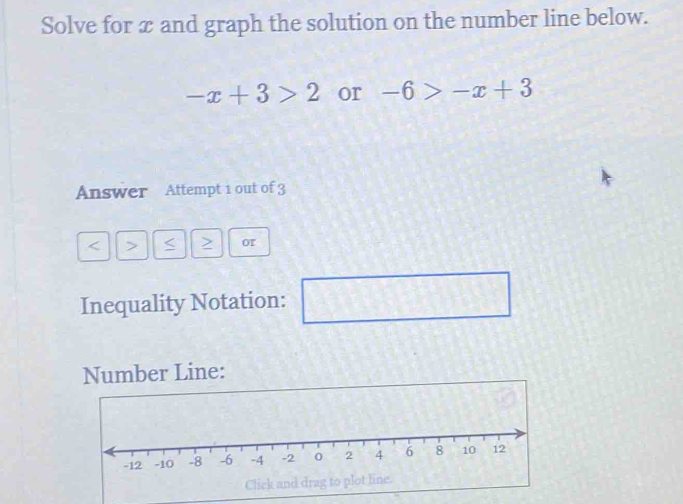 Solve for x and graph the solution on the number line below.
-x+3>2 or -6>-x+3
Answer Attempt 1 out of 3
< > Z or 
Inequality Notation: □ 
Number Line: 
Click and drag