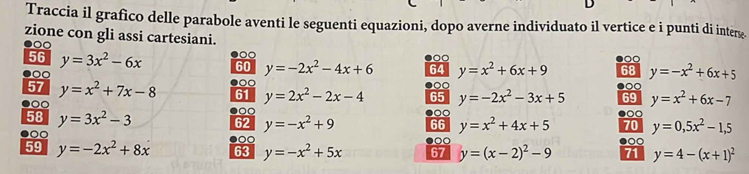 Traccia il grafico delle parabole aventi le seguenti equazioni, dopo averne individuato il vertice e i punti di inters 
zione con gli assi cartesiani. 
●○ 
56 y=3x^2-6x ●○○ 
60 y=-2x^2-4x+6 64 y=x^2+6x+9 y=-x^2+6x+5
●○○ 
68 
●○ 
57 y=x^2+7x-8 61 y=2x^2-2x-4 ●○○ 
●○ 
65 y=-2x^2-3x+5 69 y=x^2+6x-7
00 
●○ 
●○ 
58 y=3x^2-3 ●○○ 
62 y=-x^2+9 y=x^2+4x+5 70 y=0,5x^2-1,5
66 
00 
●0 
59 y=-2x^2+8x 63 y=-x^2+5x ●○○ ●○○ 
67 y=(x-2)^2-9 71 y=4-(x+1)^2