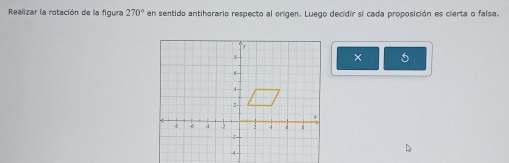 Realizar la rotación de la figura 270° en sentido antihorario respecto al origen. Luego decidir si cada proposición es cierta o falsa. 
× 5