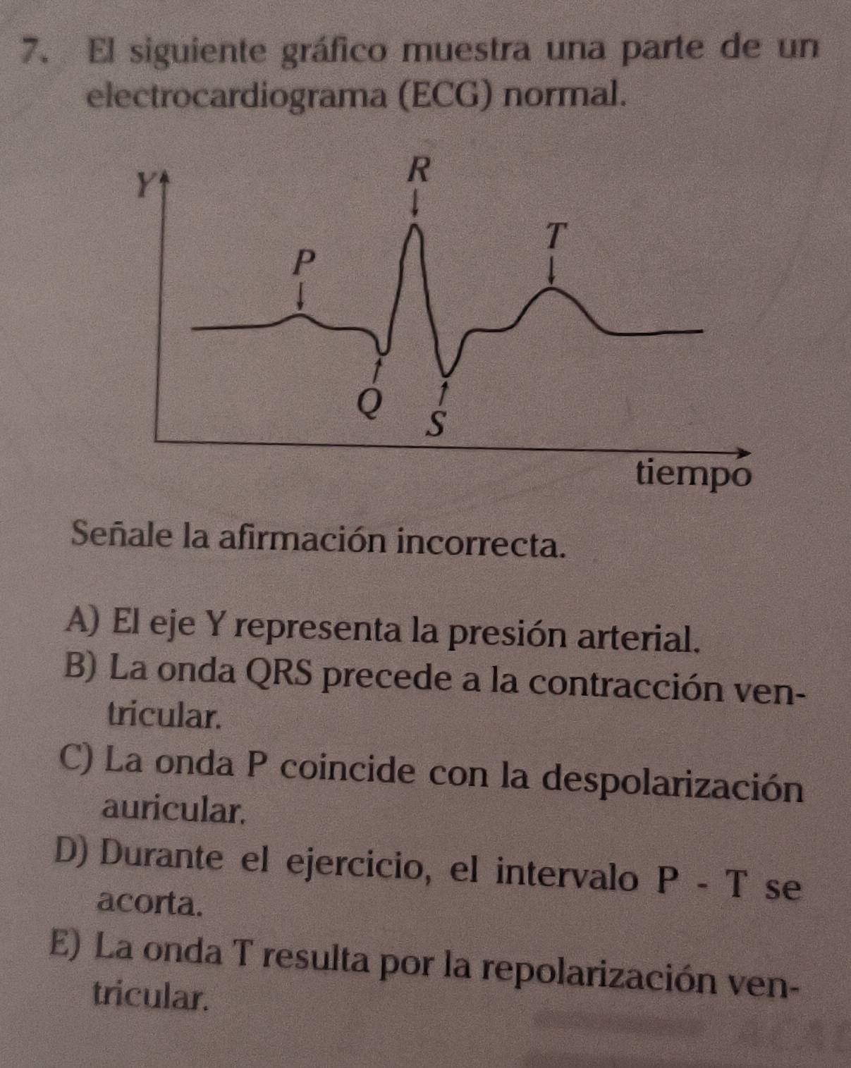 El siguiente gráfico muestra una parte de un
electrocardiograma (ECG) normal.
Señale la afirmación incorrecta.
A) El eje Y representa la presión arterial.
B) La onda QRS precede a la contracción ven-
tricular.
C) La onda P coincide con la despolarización
auricular.
D) Durante el ejercicio, el intervalo P - T se
acorta.
E) La onda T resulta por la repolarización ven-
tricular.