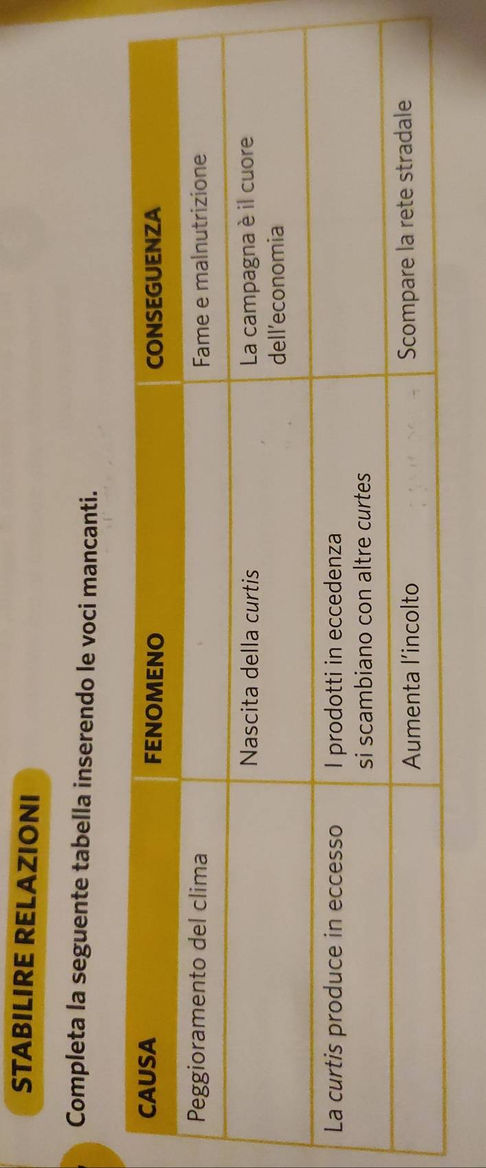 STABILIRE RELAZIONI 
Completa la seguente tabella inserendo le voci mancanti.