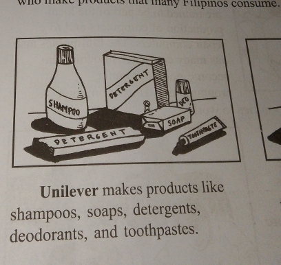 who make products that many Filipinos consume. 
Unilever makes products like 
shampoos, soaps, detergents, 
deodorants, and toothpastes.