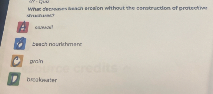 Quiz
What decreases beach erosion without the construction of protective
structures?
seawall
beach nourishment
groin
breakwater