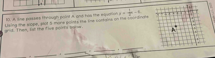 A line passes through point A and has the equation 
Using the slope, plot 5 more points the line contains on the coordinate y=- 1/2 x-6. 
grid. Then, list the five points below. 
_ 
_ 
_1 
_, 
_