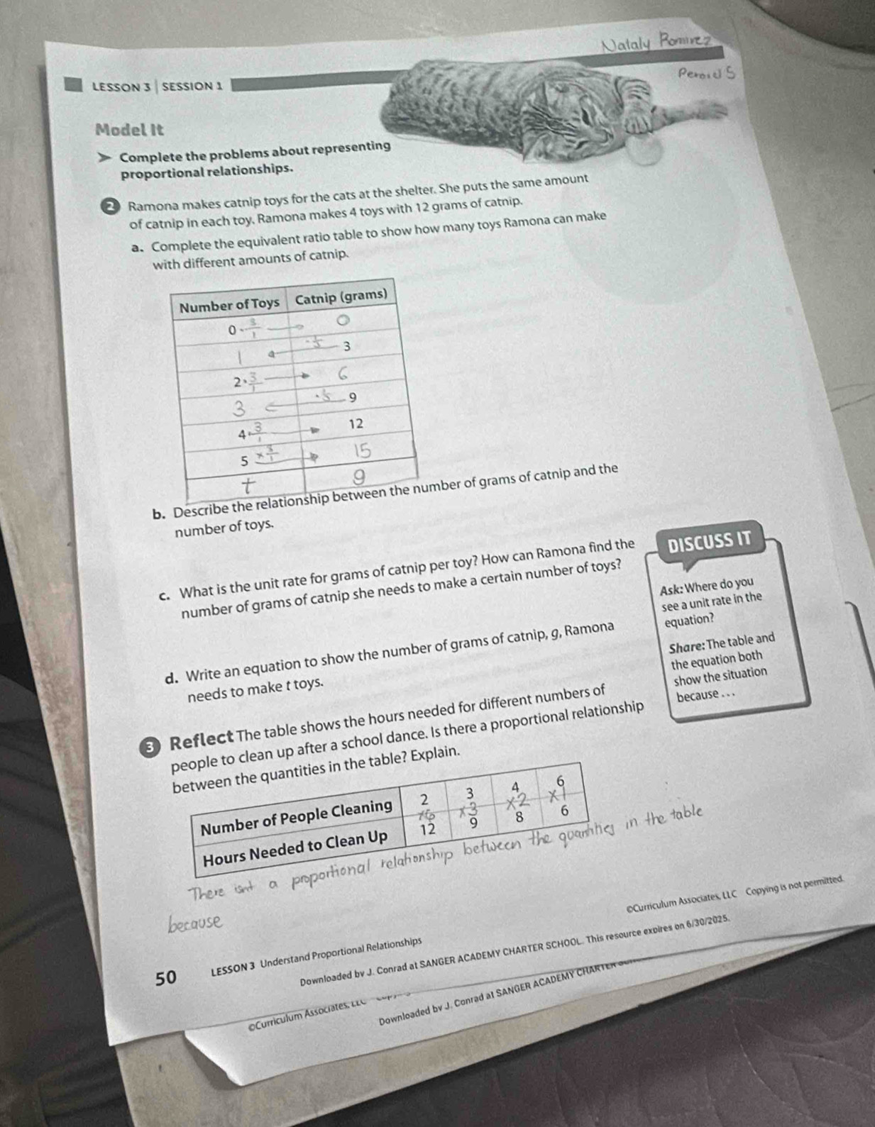 Nataly Bomre?
LESSON 3  SESSION 1
Model It
Complete the problems about representing
proportional relationships.
Ramona makes catnip toys for the cats at the shelter. She puts the same amount
of catnip in each toy, Ramona makes 4 toys with 12 grams of catnip.
a. Complete the equivalent ratio table to show how many toys Ramona can make
with different amounts of catnip.
b. Describe thber of grams of catnip and the
number of toys.
c. What is the unit rate for grams of catnip per toy? How can Ramona find the DISCUSS IT
Ask: Where do you
number of grams of catnip she needs to make a certain number of toys?
see a unit rate in the
d. Write an equation to show the number of grams of catnip, g, Ramona equation?
the equation both
needs to make t toys. Share: The table and
3 Reflect The table shows the hours needed for different numbers of show the situation
n up after a school dance. Is there a proportional relationship because . . .
Explain.
©Curriculum Associates, LLC Copying is not permitted.
Downloaded by J. Conrad at SANGER ACADEMY CHARTER SCHOOL. This resource expires on 6/30/2025.
50 LESSON 3 Understand Proportional Relationships
Downloaded by J. Conrad at SANGER ACADEMY CHARTER
Curriculum Associates, EEC
